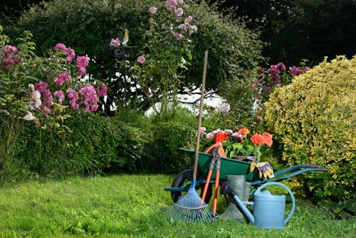 The image depicts a well-maintained garden scene with a lush, green grassy lawn in the foreground and an array of colourful flowering bushes and shrubs, including pink and purple flowers, to the left and right. Behind the foliage, there are taller trees and dense green foliage creating a natural backdrop. Several gardening tools are arranged on the lawn, including a green wheelbarrow filled with gardening supplies, a blue watering can, a rake, and some gloves, indicating active garden maintenance. The garden appears to be part of a landscaped outdoor space, possibly within a suburban garden in Edmonton, with a focus on plant care and outdoor tidiness. Natural daylight and mild weather conditions illuminate the scene, emphasizing the vibrant colours and healthy plant growth. This setting aligns with professional gardening and landscaping services offered by Hedge Trimming Edmonton, including lawn care, shrub pruning, and general garden maintenance in the local area.